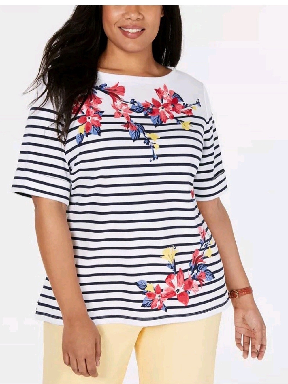 Karen Scott Striped Floral Boatneck Short Sleeve Top